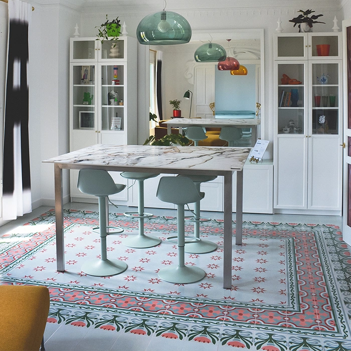 Blue cement tile floor in pastel interior